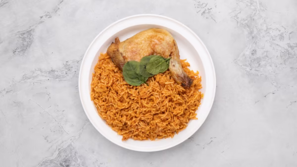 Jellof rice with protein of choice (chicken, turkey, fish, beef)